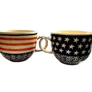 STONEWARE SET 2  BUBBLE MUGS HANDMADE  BOLESLAWIEC, POLAND "STARS & STRIPES"S"